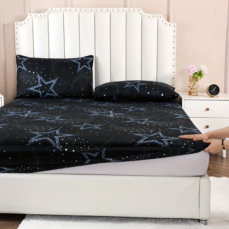 Transform your bedroom with the Starry Sky Bedding Set. This set includes a soft fitted sheet and two pillowcases, all made from durable polyester with a 80-85gsm twill weave. The flat print design adds a touch of style to your decor, while the 30-34cm