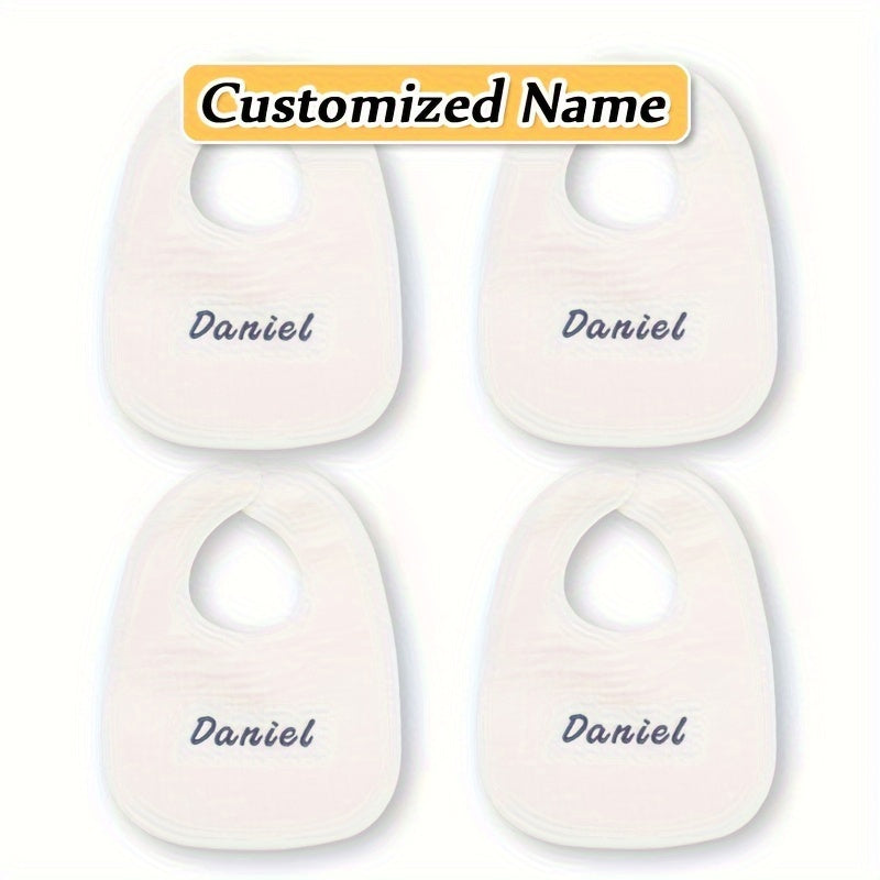 Set of four custom bibs with personalized names - made of soft, breathable, and highly absorbent material with adjustable snap closure. Perfect for newborns and makes a great gift for Christmas, New Year, or Halloween.