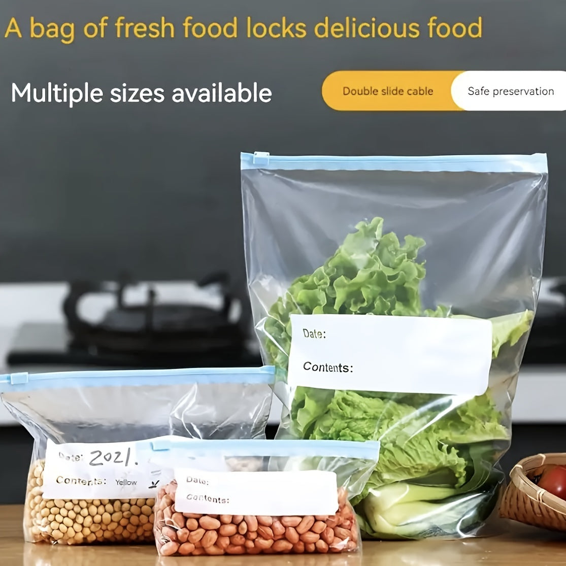 Get organized in the kitchen with this set of 45 reusable zippered storage bags. Perfect for storing fruits, grains, vegetables, and meats, these multipurpose pouches are clear for easy identification of contents. Keep your pantry essentials fresh and