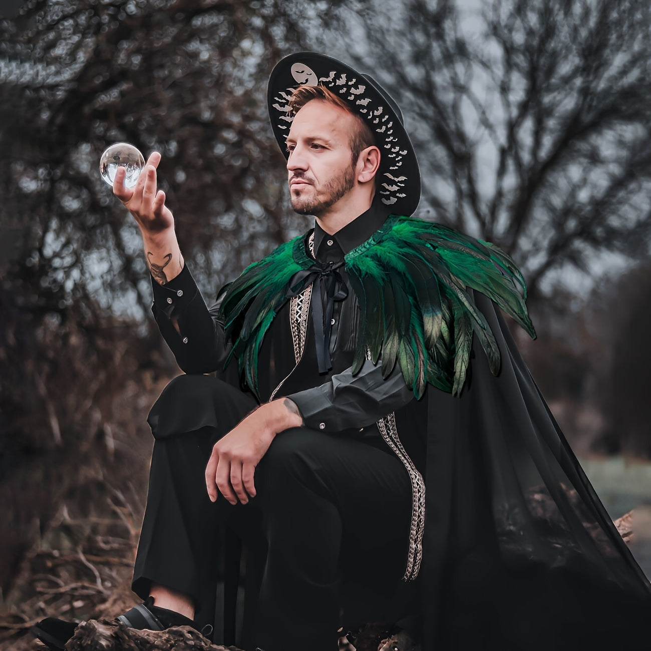 L'VOW Evil Queen Witch Costume - Perfect for Halloween Cosplay. Includes Feathered Cape, Long Robe & Shawl. Stand out in this Funky Polyester Masquerade Outfit from L'VOW.