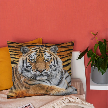 Tiger-themed plush pillow cover, 45.72x45.72 cm, zippered with single-sided print, ideal for sofa or bedroom, machine washable.