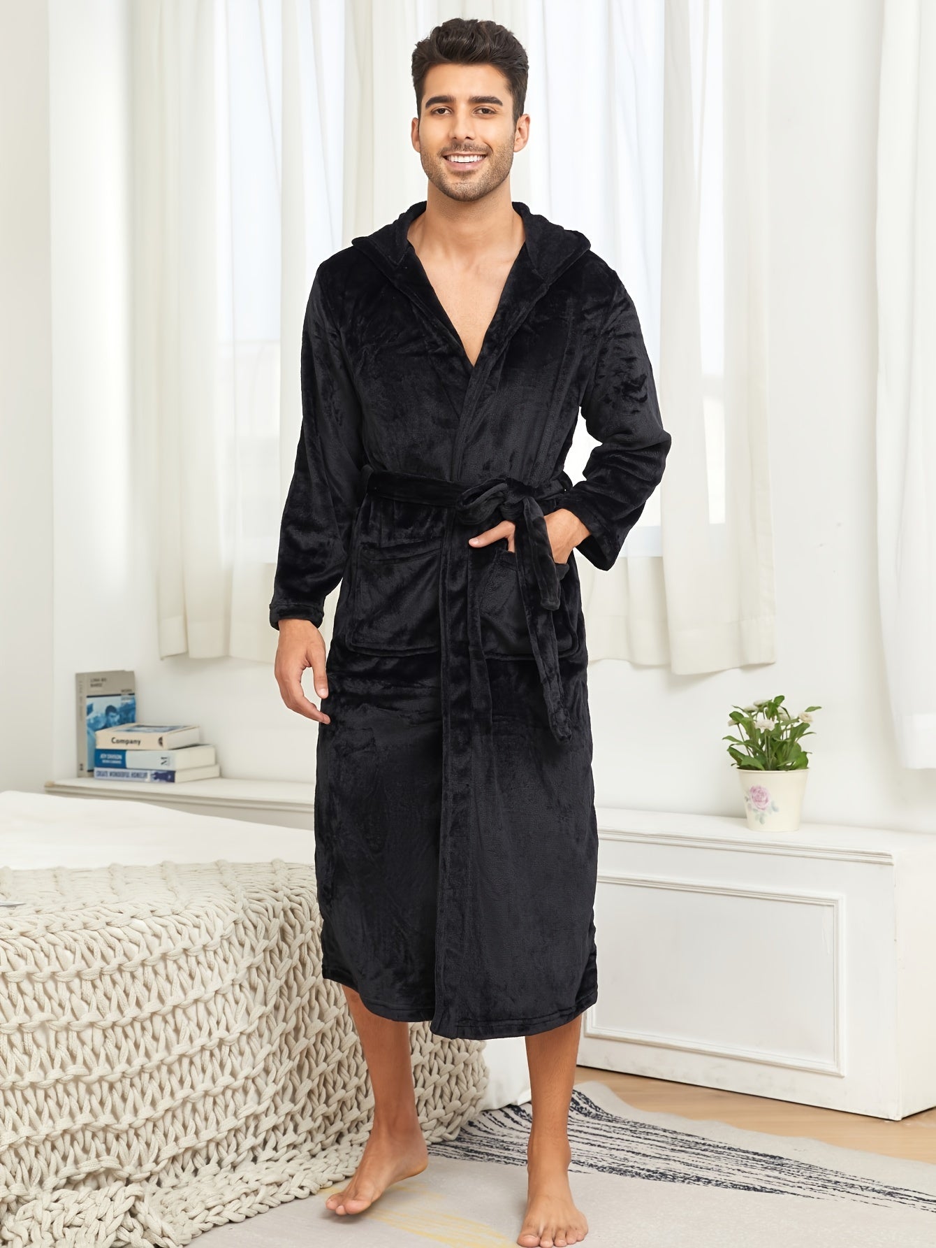 rongtai Men's Plush Fleece Hooded Bathrobe in Green with Side Pockets & Tie Belt, perfect for Autumn/Winter lounging.