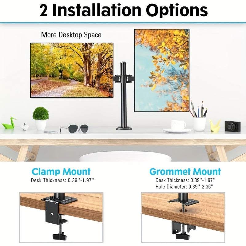 Adjustable dual-monitor desktop stand with clamp design and iron construction for office use.