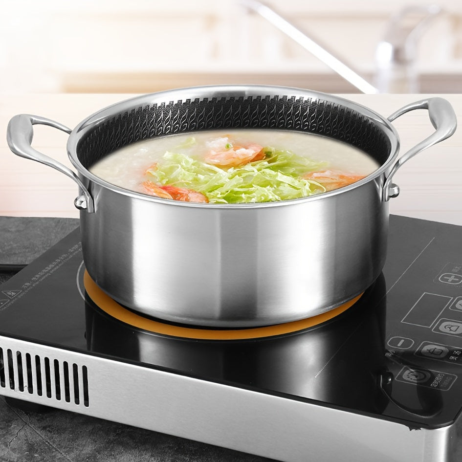 Multi-functional soup pot with lid that is non-stick and suitable for induction cooktops, making it ideal for both home and professional kitchen use on any type of stove.