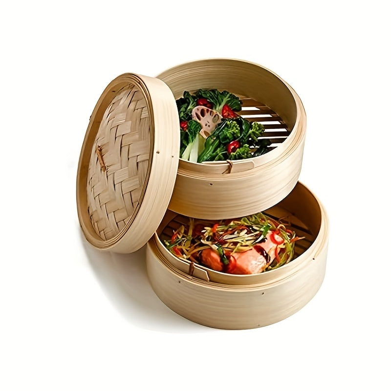 One set includes a three-piece bamboo steamer, each piece measuring 20cm wide. This steamer is perfect for steaming a variety of foods such as dumplings, bread, fish, and meat.