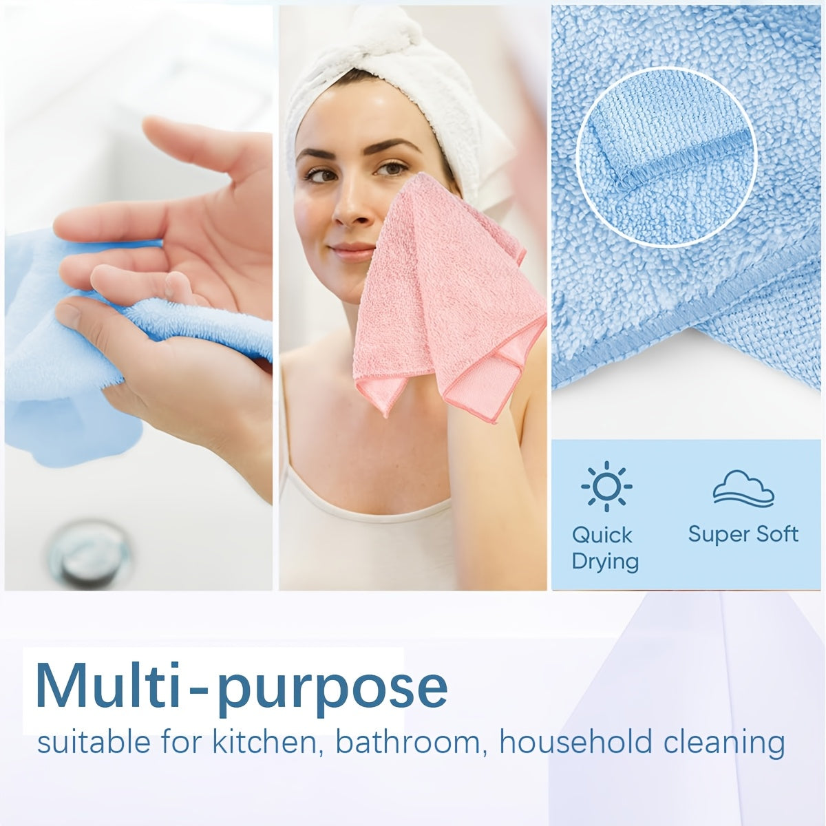 A set of 20 Ultra-Soft Quick-Dry Face Towels in Pastel Colors that are gentle on skin and highly absorbent. These square polyester cleaning cloths are perfect for use in the bathroom, kitchen, outdoors, on glass surfaces, and around the household.