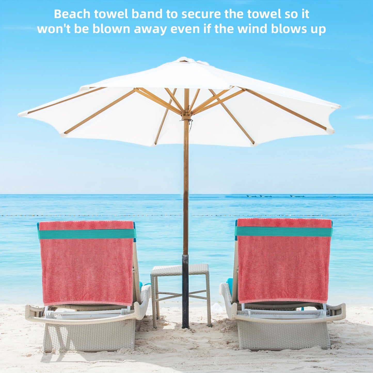 Tropical beach towel band with elastic clamp for chairs and loungers, essential for beach and cruise, stretchable and durable, blue stripes, expands to 90cm.