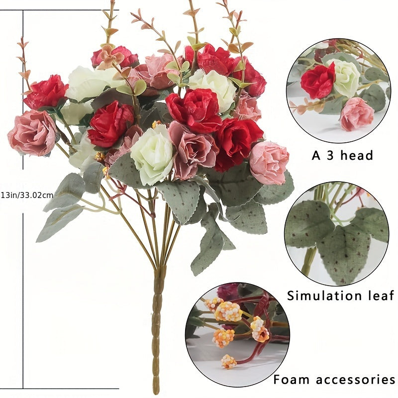 2 bundles of artificial rose flowers with 42 heads, suitable for cemetery decorations, home decor, or wedding bouquets. Perfect for adding a touch of summer faux flower decor.