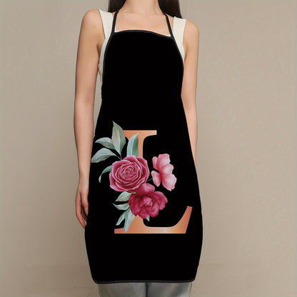 Women's flower and letter printed polyester apron - waterproof, thickened, and cute for household and kitchen use.