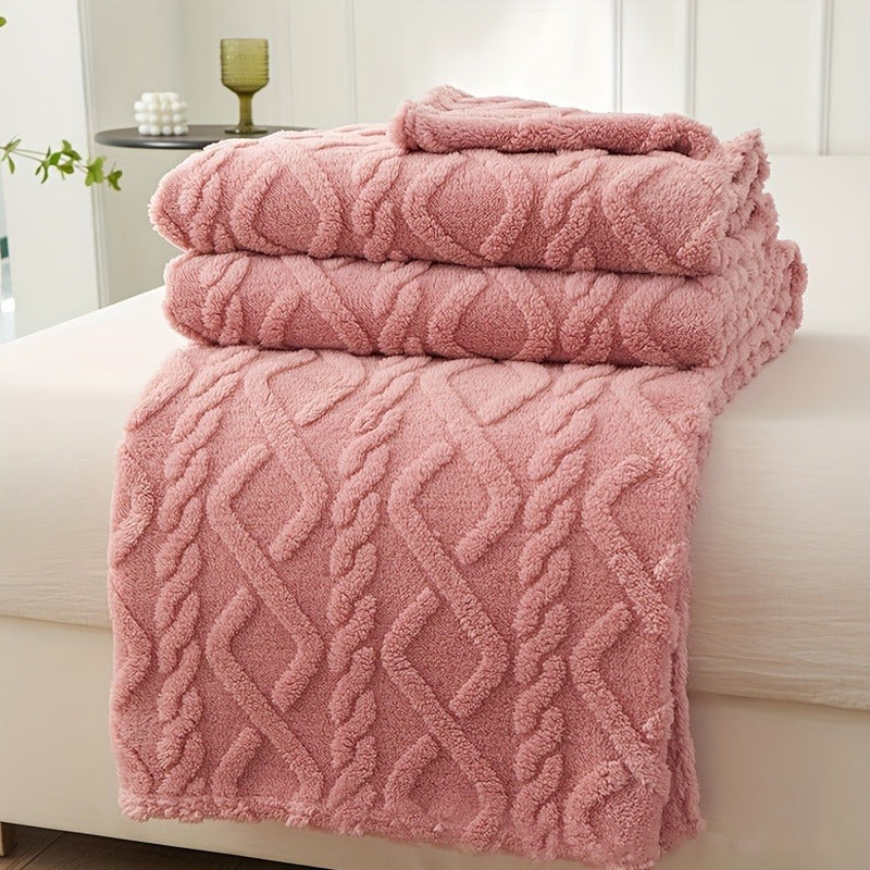 1pc Cozy Plush Fleece Blanket in chic diamond design, perfect for bed, sofa, or travel. Soft, thick, and warm for all-season comfort. Hand wash only. Available in light green, cream, blue, and pink options. Great for travel or adding chic style to your