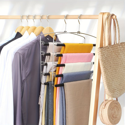 1 count of a 5-tier metal pants hanger with no-slip features, designed for durability and suitable for hanging ties, pants, and scarves. This household organizer saves space in closets, wardrobes, homes, and dorms.