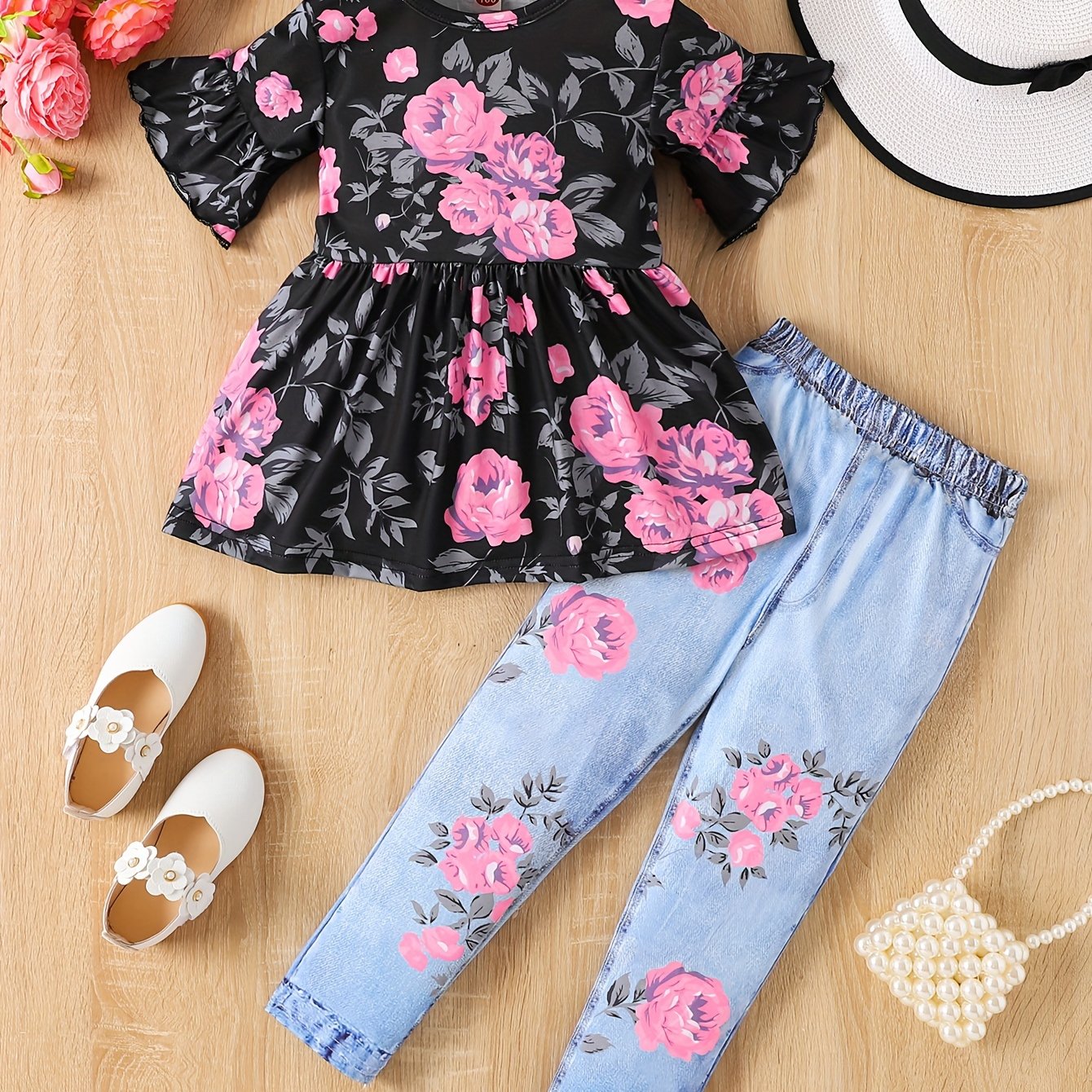 Set of floral peplum top with flare sleeves and matching leggings for girls, perfect for summer outings.