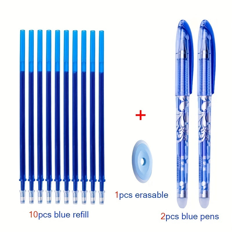 13-piece set of Black/Blue Ink Erasable Gel Pens with 0.5mm tip for office and school use.