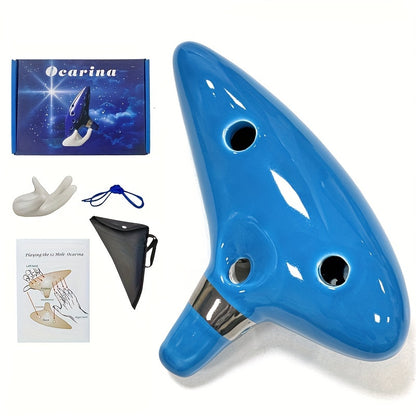 FF Bonfires 12 Hole Ceramic Ocarina Flute in Blue with Carrying Case and Accessories