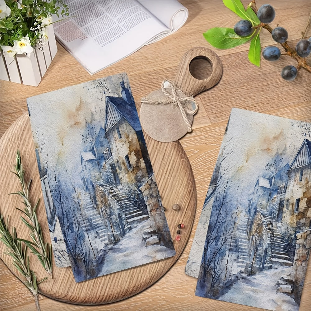 Two pieces of ultra-soft kitchen towels featuring a serene winter scene acrylic painting design. These highly absorbent and machine washable dish hand towels measure 40.64x60.96 cm, making them perfect for holiday decor and drying dishes.