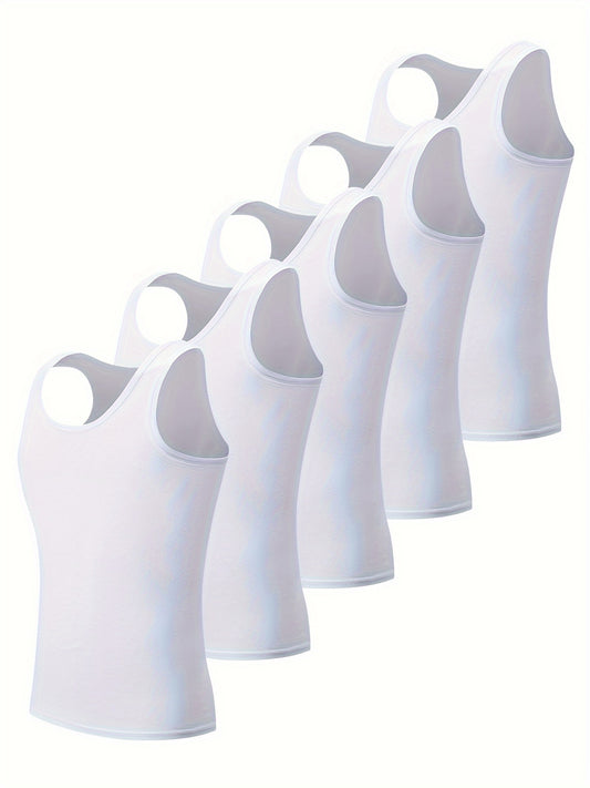 5 Men's White Tank Tops made of comfortable cotton, suitable for athletic and casual wear.