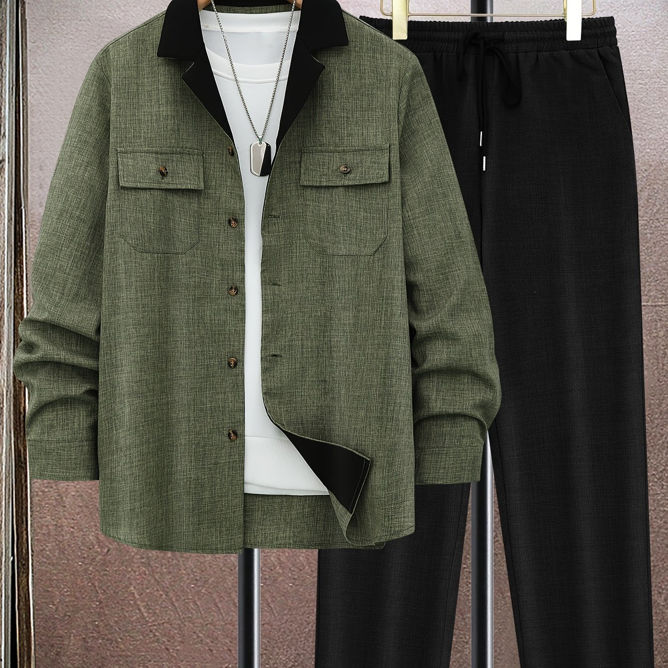 Men's plus size olive green blazer set, machine washable polyester, button-up jacket with pockets paired with black pants, ideal for spring and autumn.