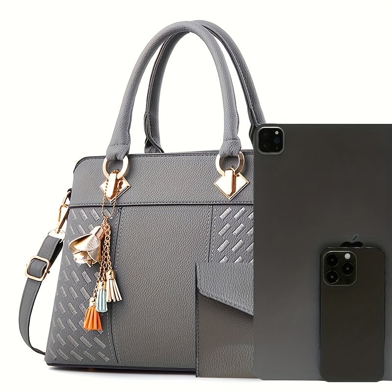 Stylish women's handbag set with black tote, removable strap, zipper closure, clutch, and fashionable shoulder bag. Perfect gift for Mother's Day and Easter.