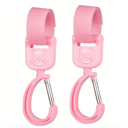 '- Two adjustable Stroller Hooks with 360 Degree Rotation, Hook-and-loop Closure, and Detachable Feature, made from sturdy Plastic