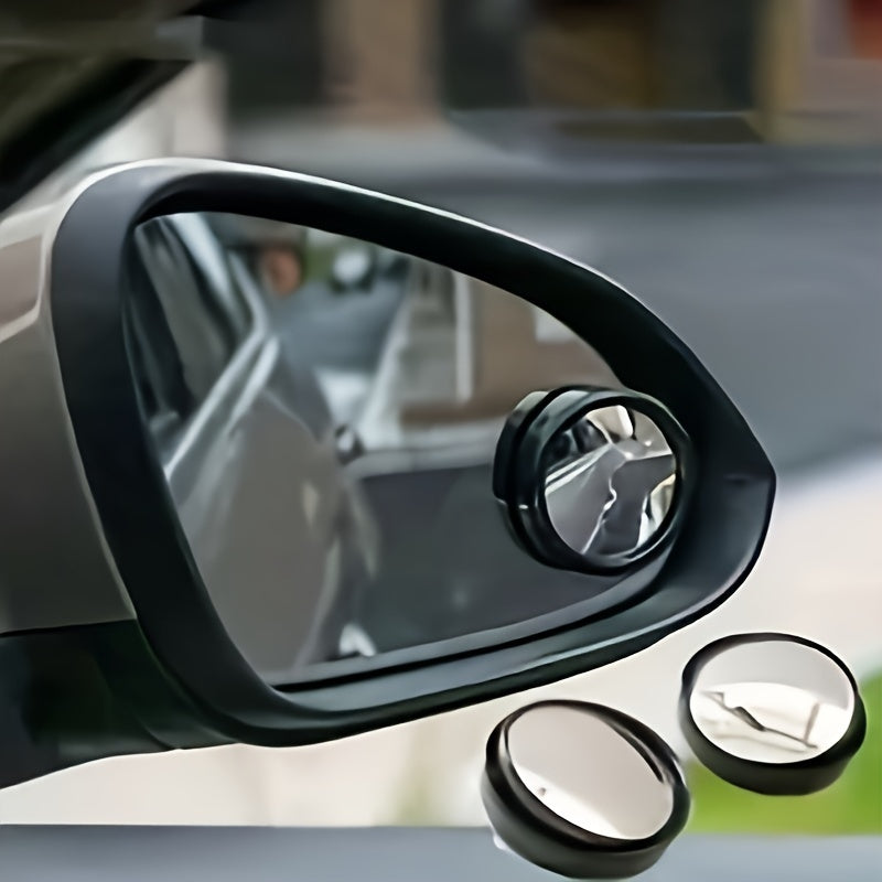 Small round mirror with HD glass for car rear view, rotatable 360 degrees for blind spot assistance.