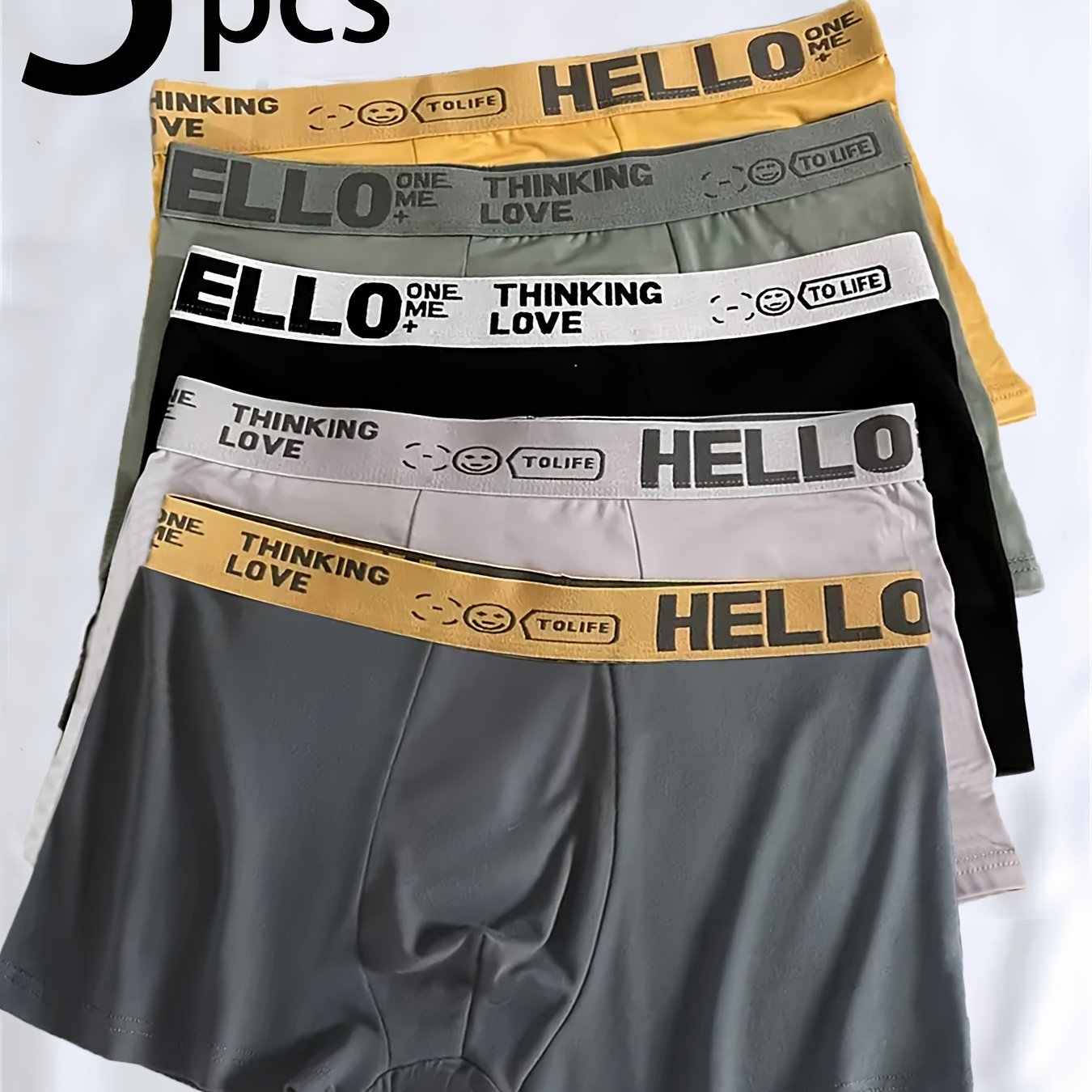 Men's 5-pack polyester boxer briefs with medium stretch and breathable comfort, featuring "HELLO" print and quick-dry technology.