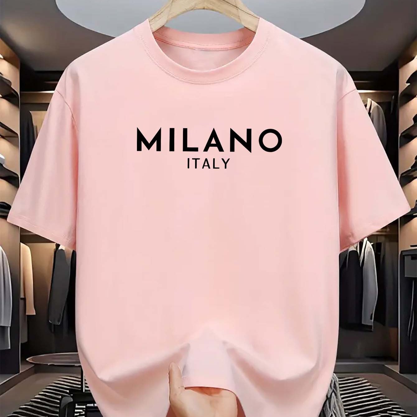 Men's Milano Italy Print T-Shirt, Casual Crew Neck Tee with Polyester Knit Fabric, Summer Short Sleeve Top with Stretch, Fashionable Regular Fit for Adults.