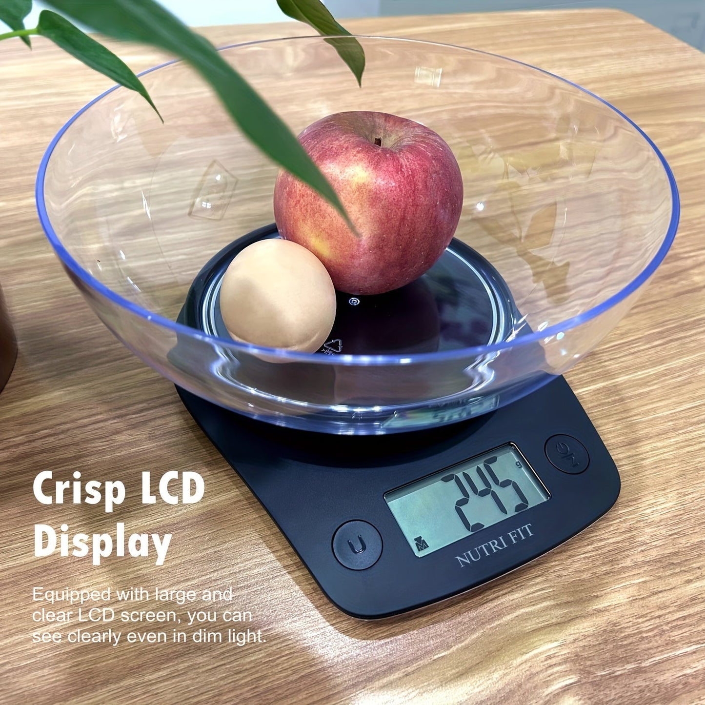 The NUTRI FIT digital kitchen scale offers high precision weighing up to 11lb with 1g accuracy. Ideal for cooking, baking, and weight loss, this scale includes a bowl tare feature and clear LCD display for easy use. It is powered by AAA batteries (not