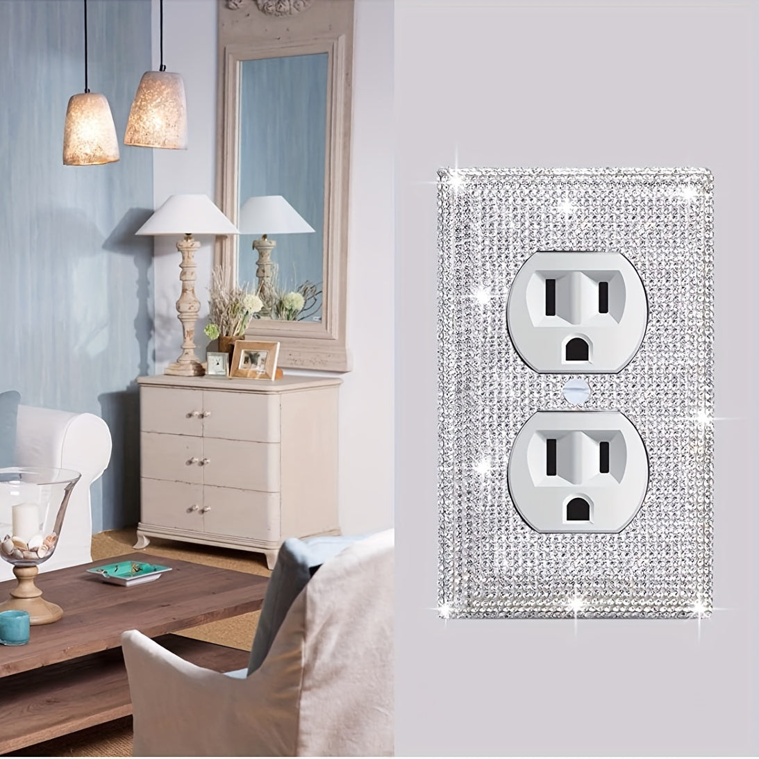 Glamorous Crystal Rhinestone Switch Plate Cover for Home Decor, with Glittering Light (Duplex Outlet)