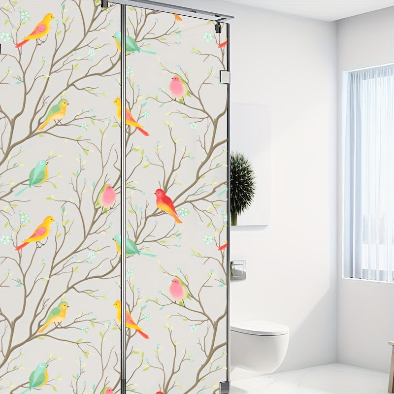 4mil Thick Elegant Bird & Branch Design Frosted Window Film with Static Cling for Privacy and Anti-Glare - Ideal for Kitchen, Bathroom, and Office Sliding Doors.