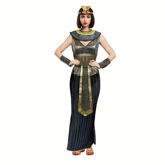 Costume set for women to dress up as an Egyptian Cleopatra for Halloween or a carnival party, complete with accessories such as a hat, neck belt, and wrist guard for a holiday role-playing experience.