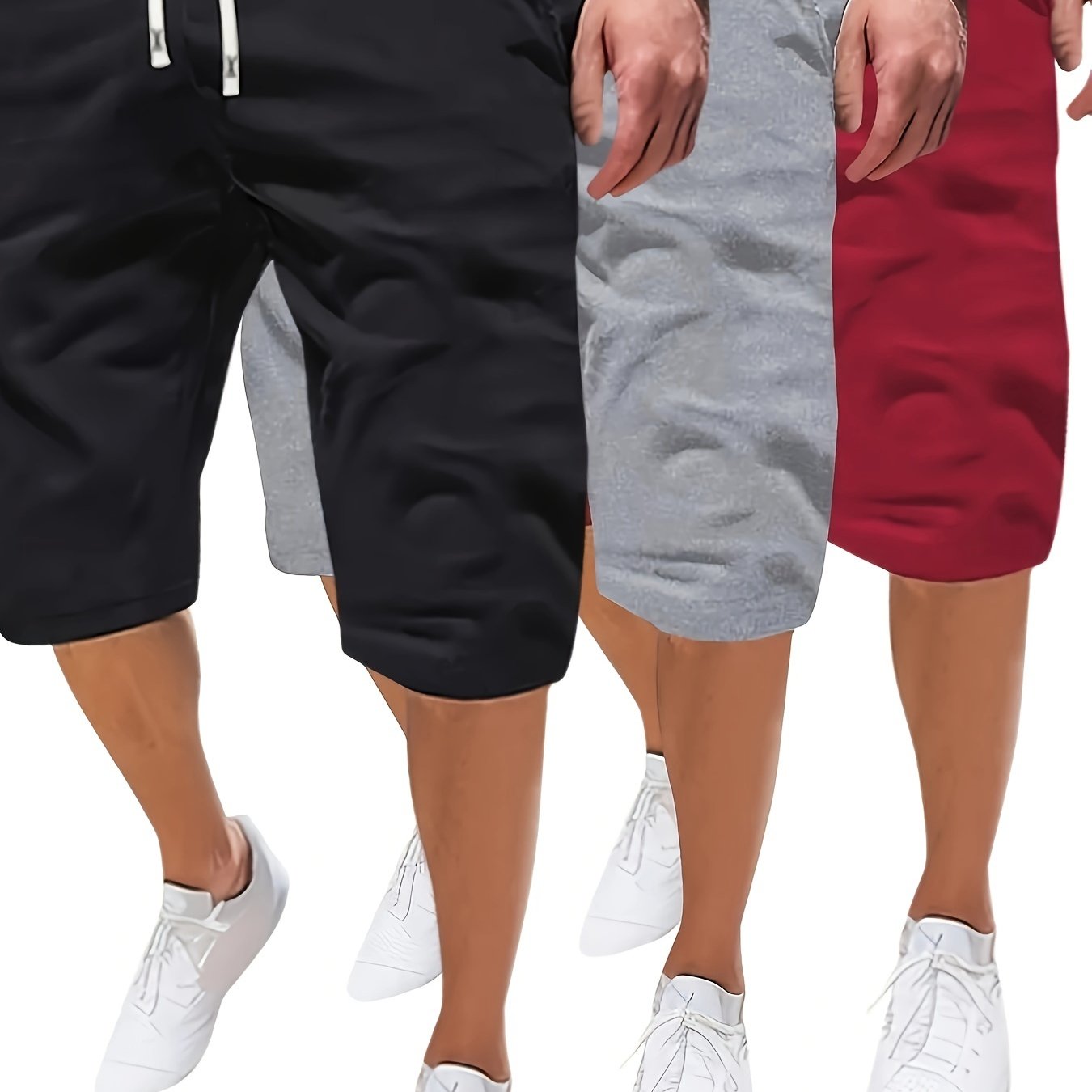 3 Plus Size Men's Casual Shorts with drawstring waist and pockets. Made of breathable polyester, machine washable.