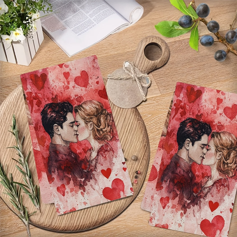 Celebrate Valentine's Day with these 2 luxurious Ultra Soft Kitchen Towels featuring a Romantic Love Forever Theme. These highly absorbent and machine washable dish hand towels measure 40.64x60.96 cm and feature a contemporary watercolor illustration