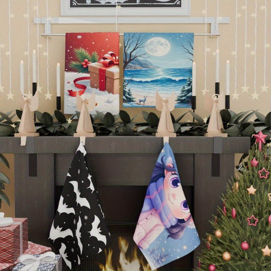 Four soft polyester kitchen towels in a pack, measuring 45.72x66.04 cm each. Features a contemporary fantasy Santa Claus design, perfect for holiday kitchen decor. These towels are machine washable and woven for durability.