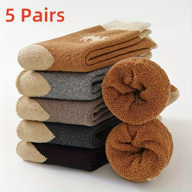 5 pairs of men's comfortable camel pattern thermal crew socks made from a cotton blend knit fabric with polyester and elastane for warmth and comfort.