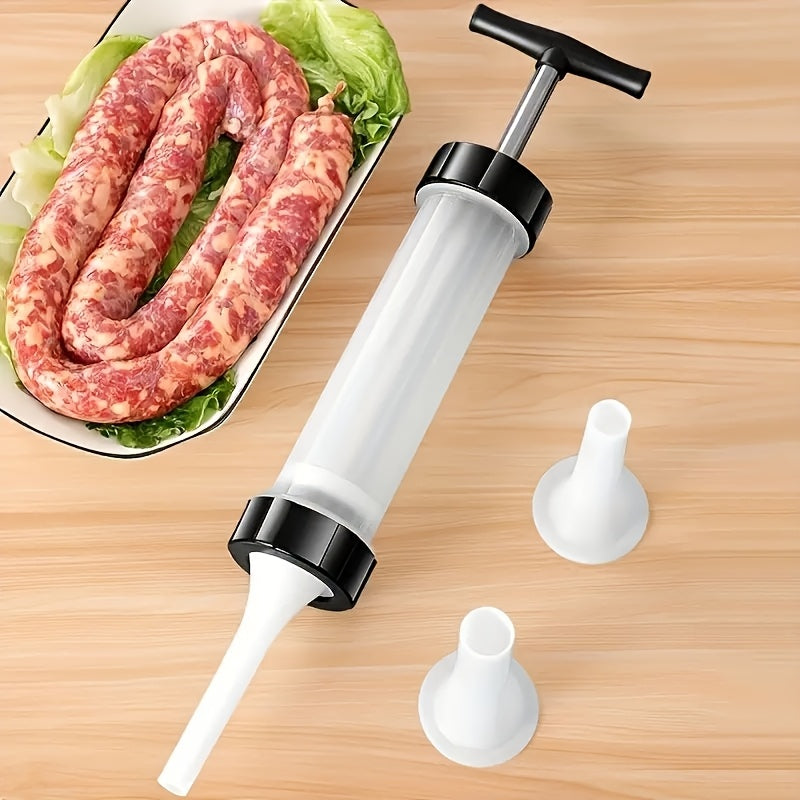 Manual sausage stuffing machine for homemade sausages, equipped with a sausage syringe and manual syringe tool for easy sausage stuffing.