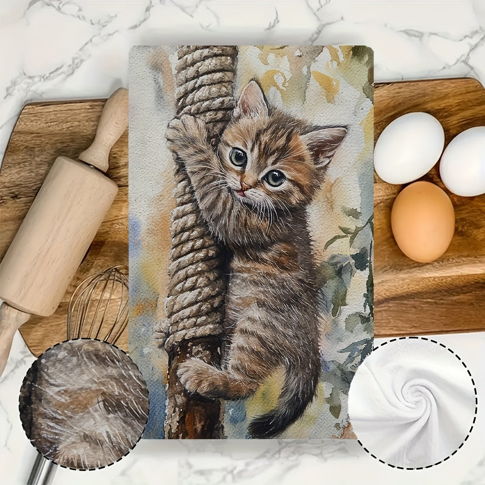 Set of 2 Ultra Soft Kitchen Towels featuring a Cute Kitten Climbing Rope Design, Extremely Absorbent and Easy to Clean Dish Hand Towels, Modern Coastal Style, 40.64x60.96 cm - Ideal for Home Decor and Kitchen Use