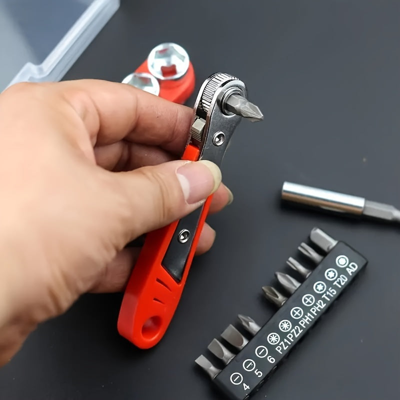 1pc Manual Tool Kit with 36 Teeth Mini Gear and Socket Wrench for narrow space repairs. Features L-shaped handle and red color. No assembly required.