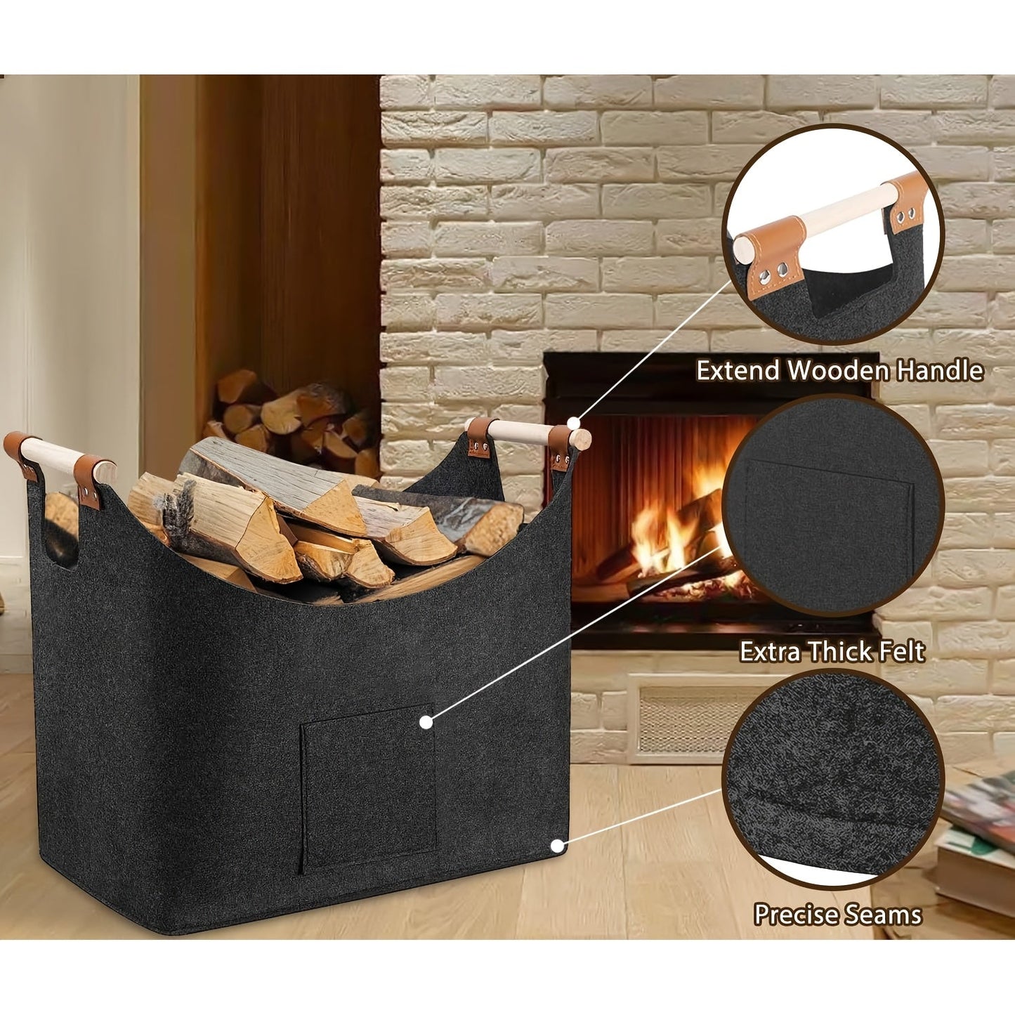 Extra large foldable fire basket made of thickened felt with a capacity of 55L, perfect for fireplaces. Features extended handles for easy carrying, doubles as a space-saving firewood and vegetable basket in dark gray color. Perfect for indoor wood