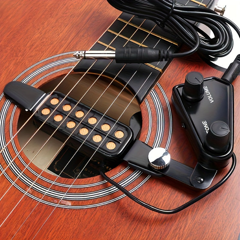 12-hole magnetic transducer acoustic guitar pickup with enhanced sound, adjustable volume & tone control. Includes audio cable and accessories kit.