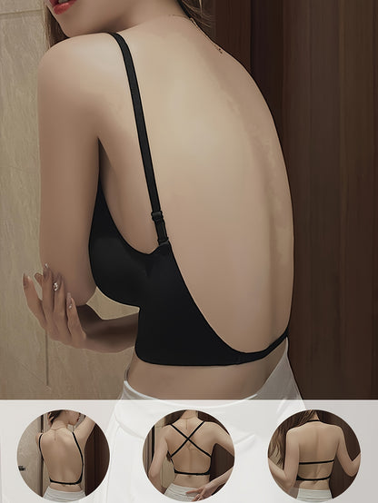 Sexy solid nylon bralette for women with wireless, removable backless push-up cups, seamless and breathable design, high support without steel bands in adult size. Made from knit fabric.