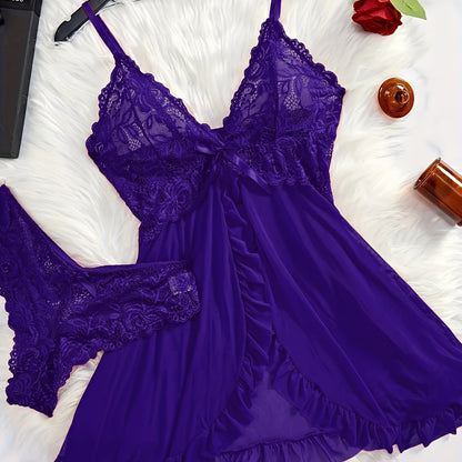 Sexy lace lingerie set for women includes polyester deep V-neck babydoll with ruffle hem, sheer bow-knot shorts, and G-string. Perfect for exotic sleepwear and undergarments.