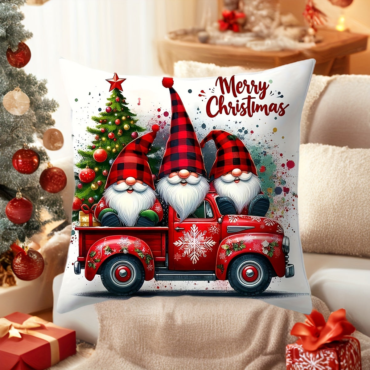 Gnome and Truck Christmas throw pillow cover in contemporary style, zippered polyester case for living room decor.