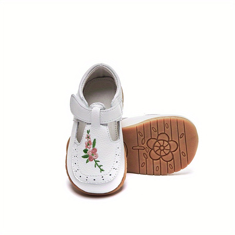 Toddler girls' flower T-strap sandals, lightweight anti-skid Mary Jane flats.