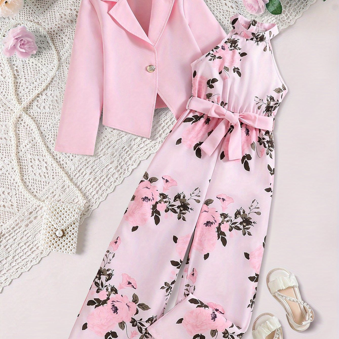 Elegant set for girls: blazer top and floral jumpsuit, perfect for spring and fall. Great gift for outdoor wear.