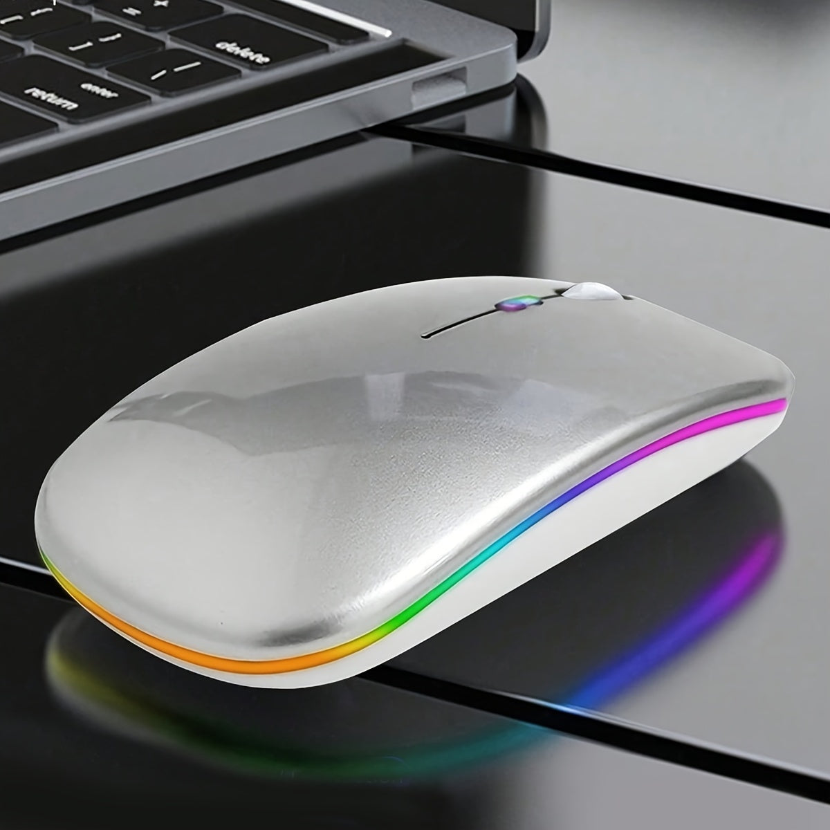 Dual mode wireless mouse for laptop and desktop with silent operation, RGB backlight, battery-powered, no charging function, operating voltage ≤36V.