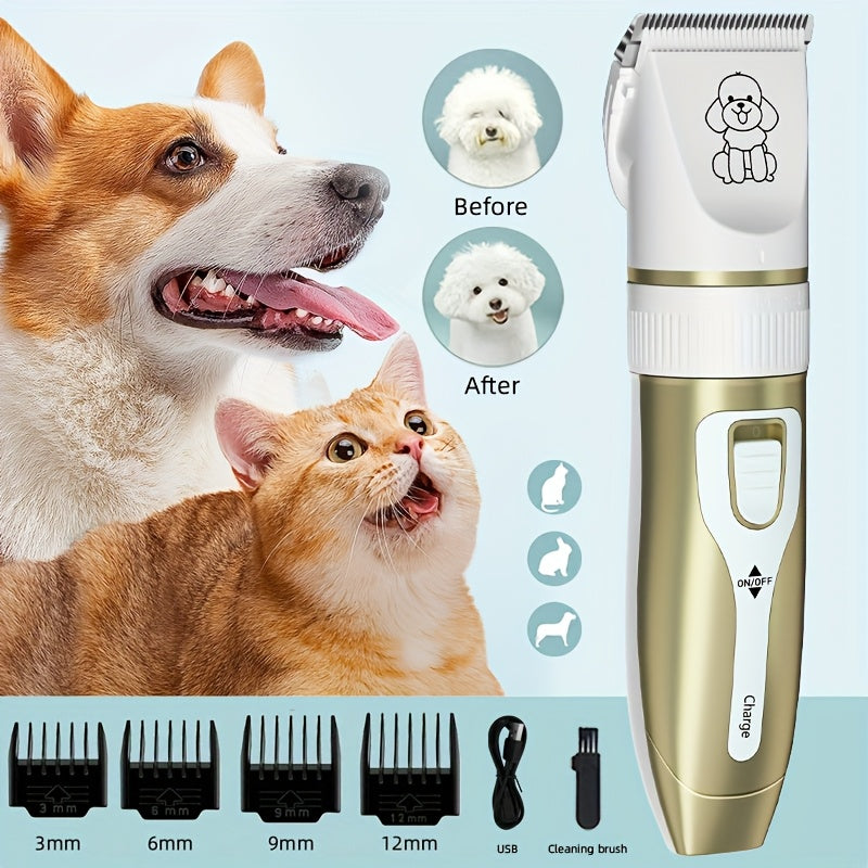 Professional Pet Grooming Kit with USB Rechargeable Electric Clippers & Brush Set for Dogs & Cats, includes Ceramic Blades, 6mm & 12mm Combs - Ideal for Small to Medium Breeds.