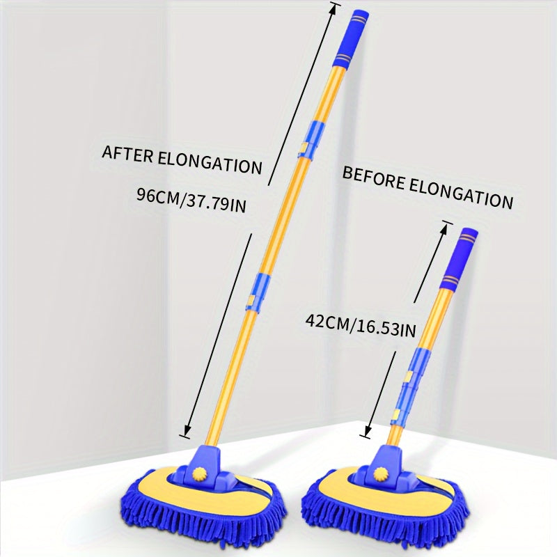 Telescopic car wash mop with adjustable angle head, durable aluminum alloy handle, soft chenille microfiber bristles for enhanced cleaning, easy-grip long handle, lightweight design.