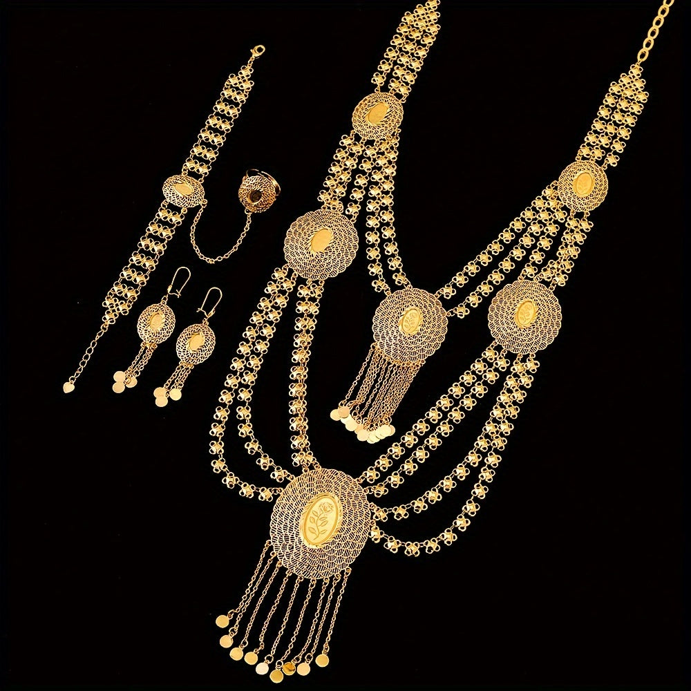 Stunning Gold-Tone Copper Jewelry Set in Arabic Style, Exuding Bohemian and Sexy Vibes. Features 18K Golden Plating, Multi-Layered Design, and Elegance. Ideal for Weddings, Parties, Ramadan, or as a Year-Round Accessory Gift for Women.