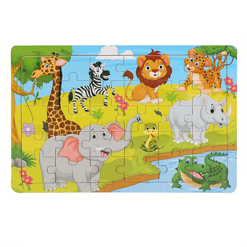 30-piece wooden puzzles featuring animals, dinosaurs, and cartoons for children to enhance their hands-on skills and kindergarten education.