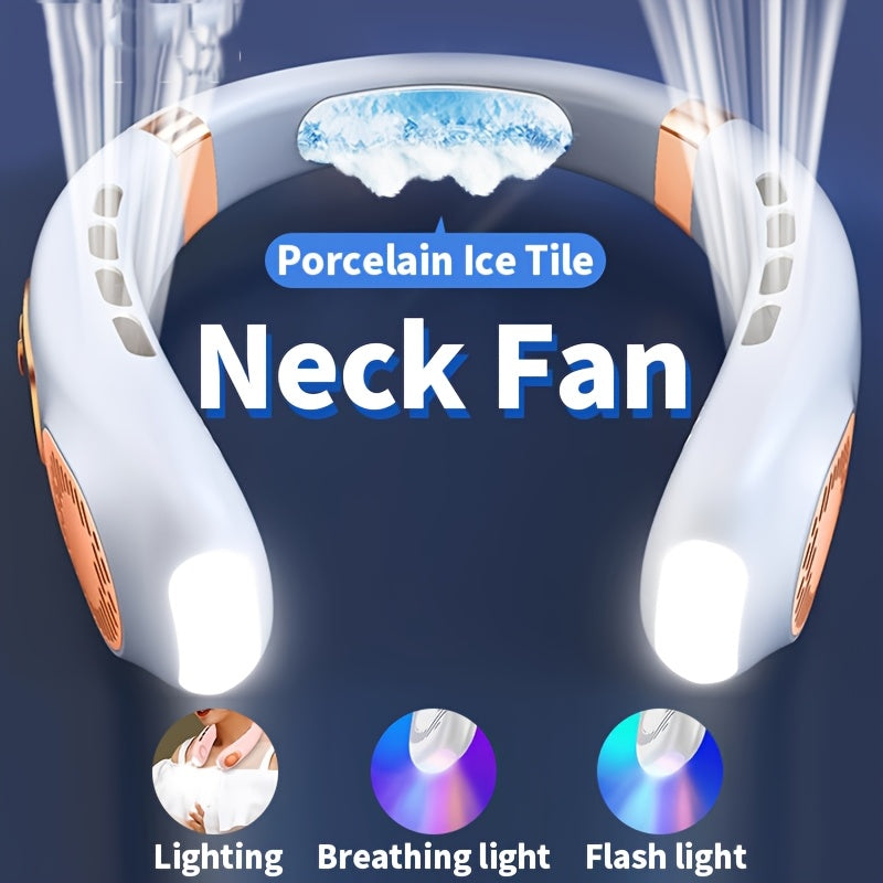 Stay cool this summer with the JKUOO Portable Neck Fan! This innovative fan features 7-color LED lights, dual turbo air outlets, and 5-speed adjustable settings for a customized cooling experience. With a long battery life and USB rechargeable design